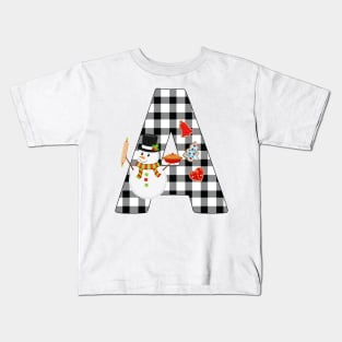 BW Buffalo Checks Pattern Monogram A | Snowman Kids T-Shirt